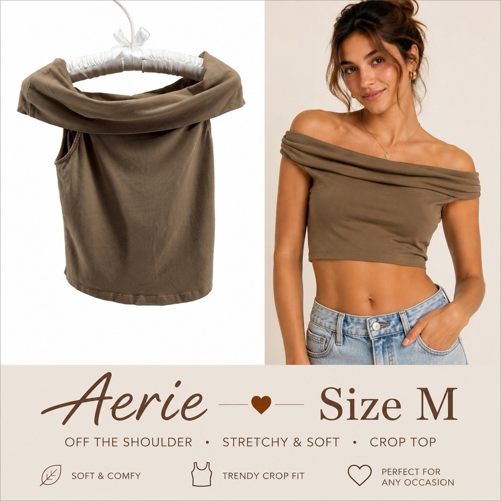 Aerie Off Shoulder Crop Top Womens Size M Brown Stretch Casual Rave Festival